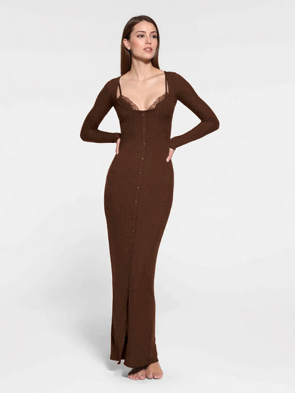 Elegant U Neck Lace Trim Button Through Slinky Maxi Dress