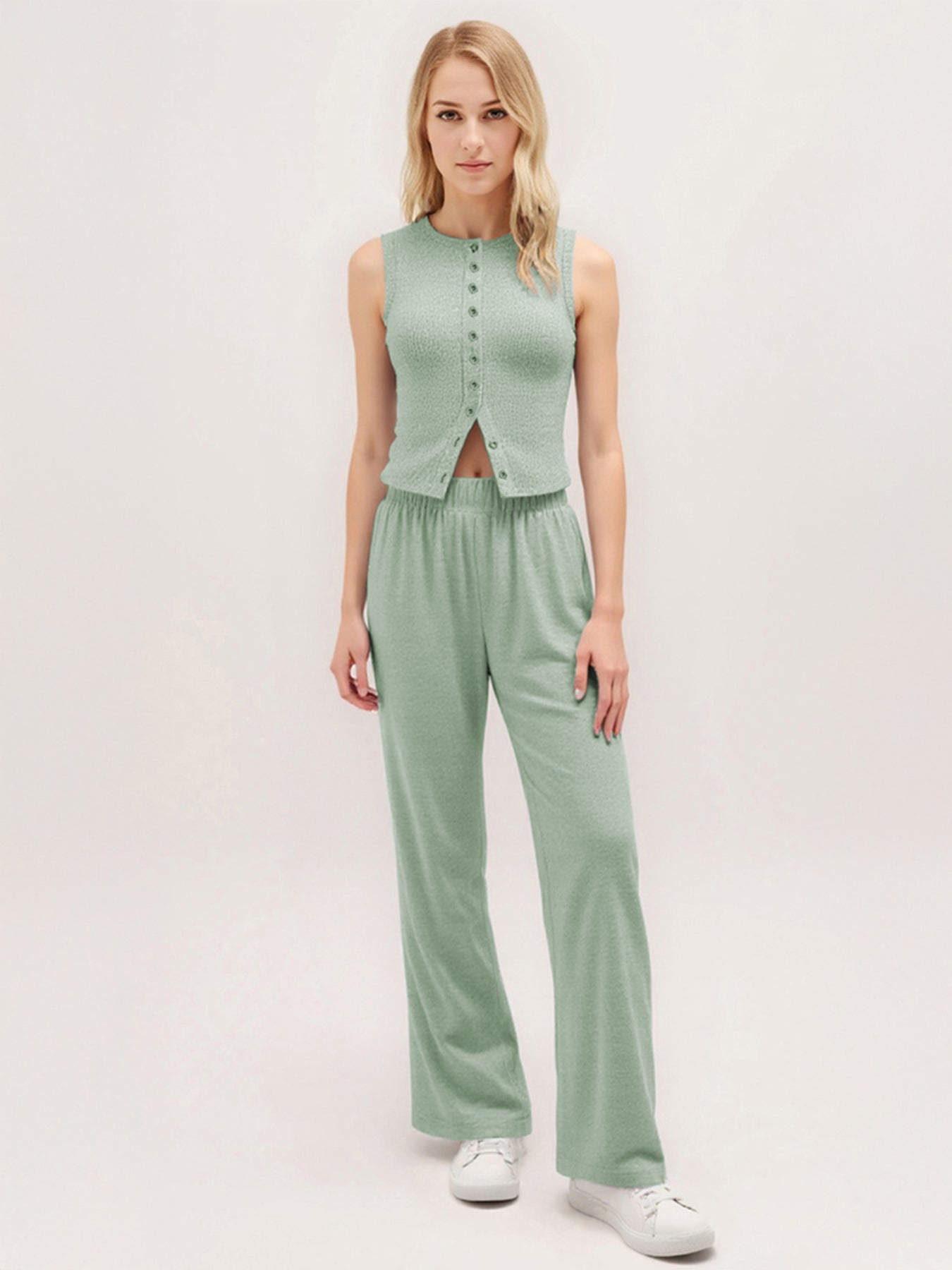 Leisure Round Neck Button Tank Top & Stretchy Trousers Co-ord