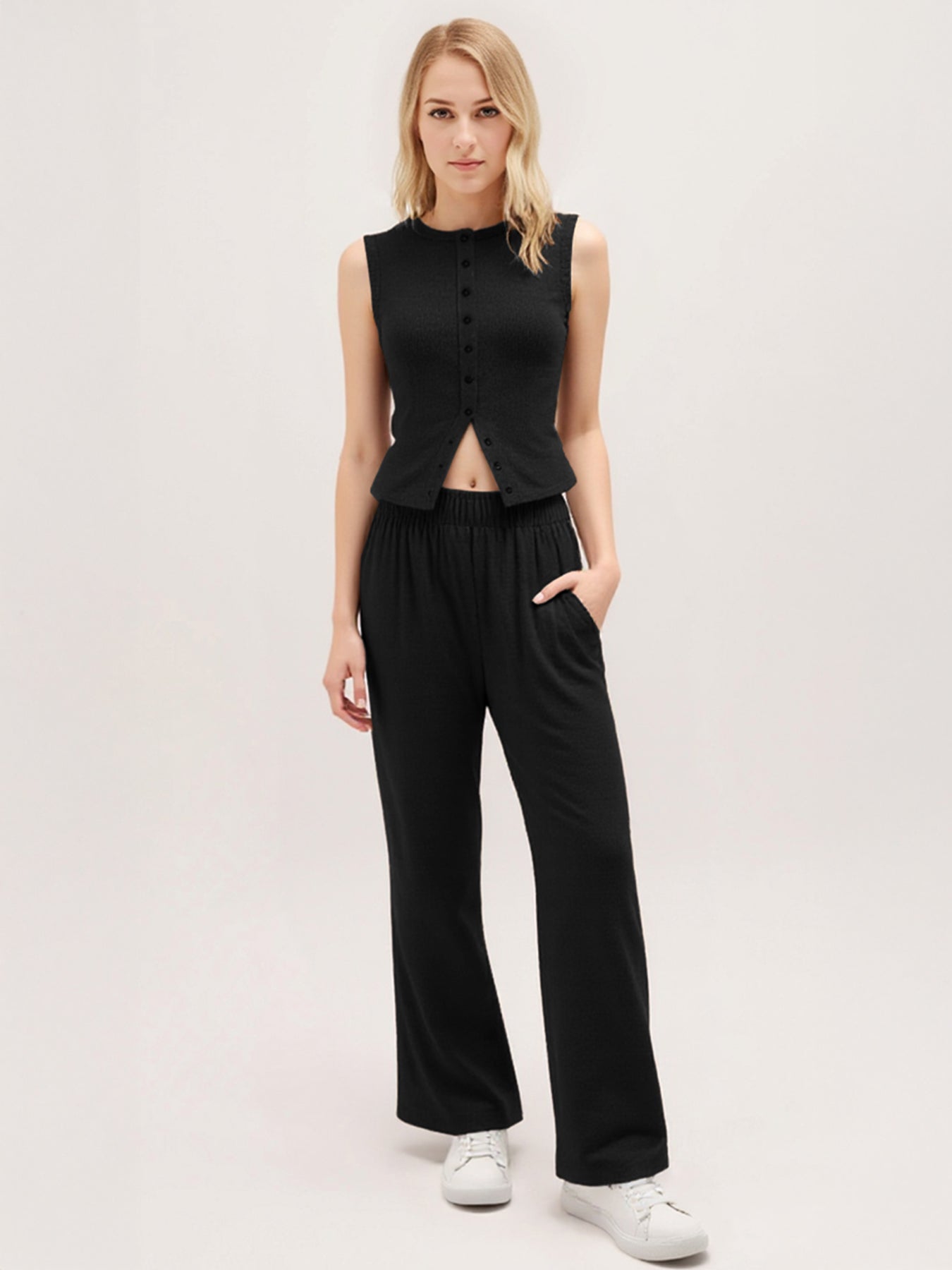 Leisure Round Neck Button Tank Top & Stretchy Trousers Co-ord