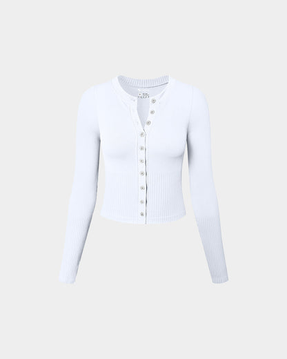 Crew Neck Button Knit Stretch Casual Fitted Tee Shirts