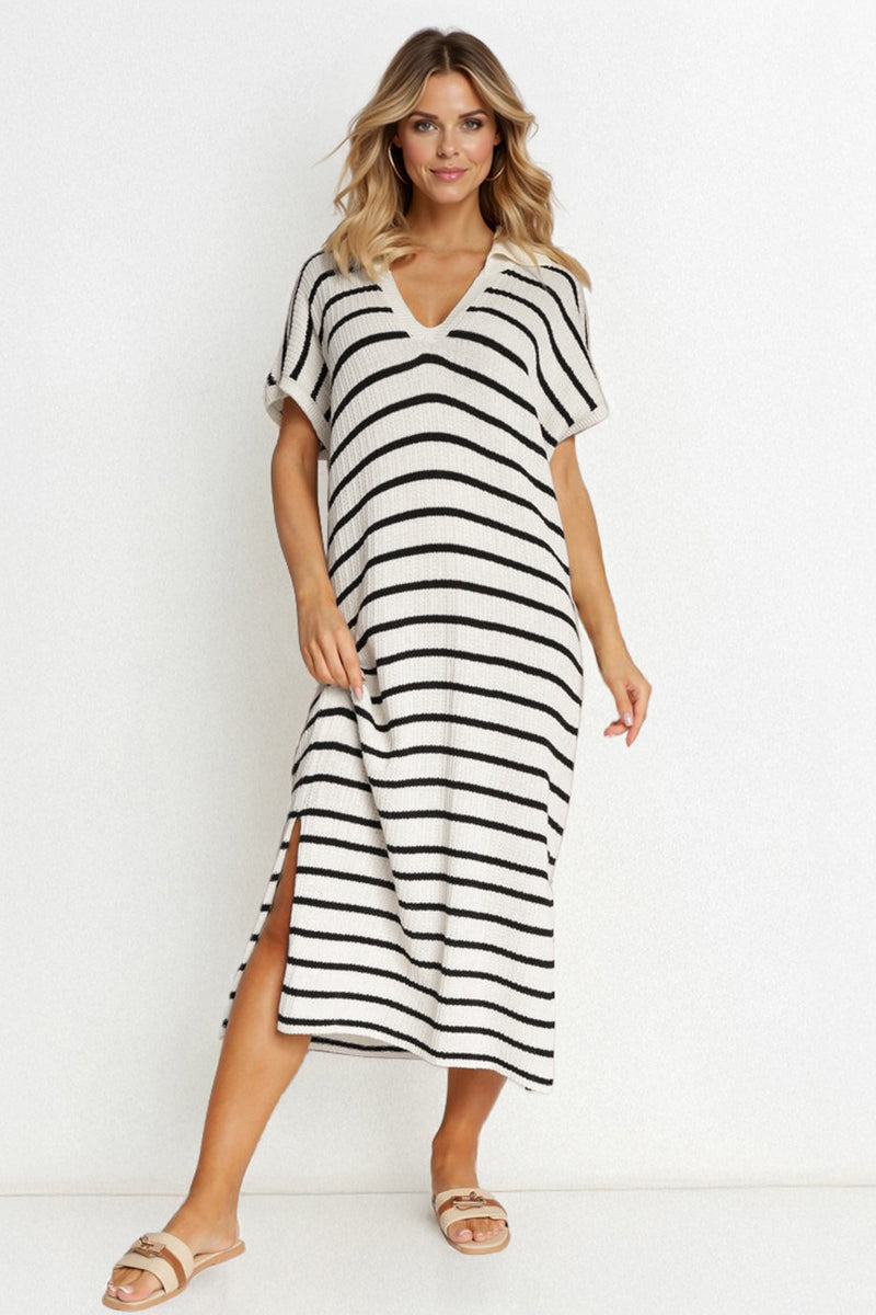 V-Neck Batwing Midi Dress Striped Collar Side-Slit Slouchy Summer