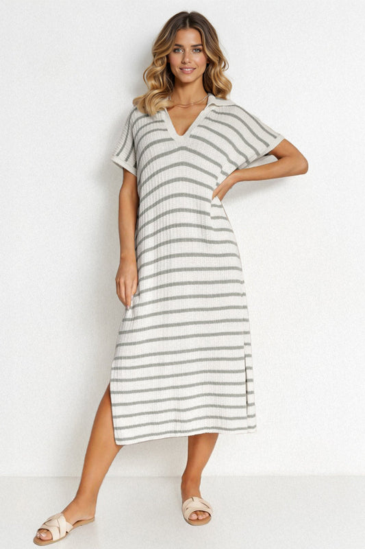 V-Neck Batwing Midi Dress Striped Collar Side-Slit Slouchy Summer
