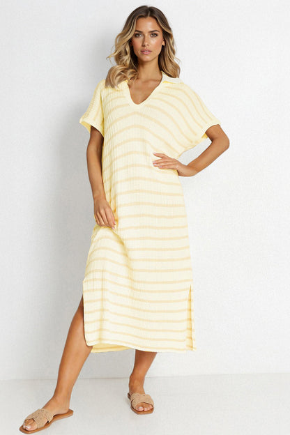 V-Neck Batwing Midi Dress Striped Collar Side-Slit Slouchy Summer