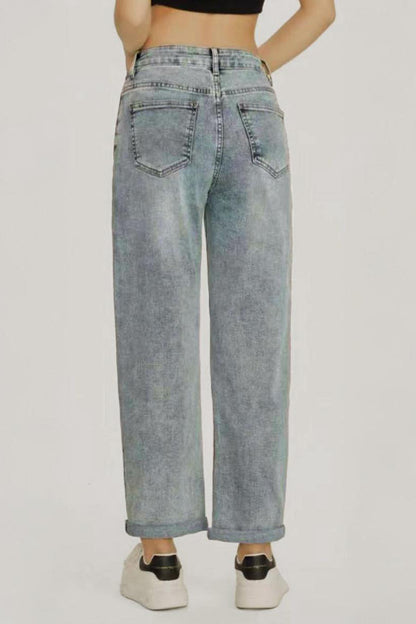 Mid-Rise Wide-Leg Jeans Roll Cuff Vintage Multi-Pocket Street Style