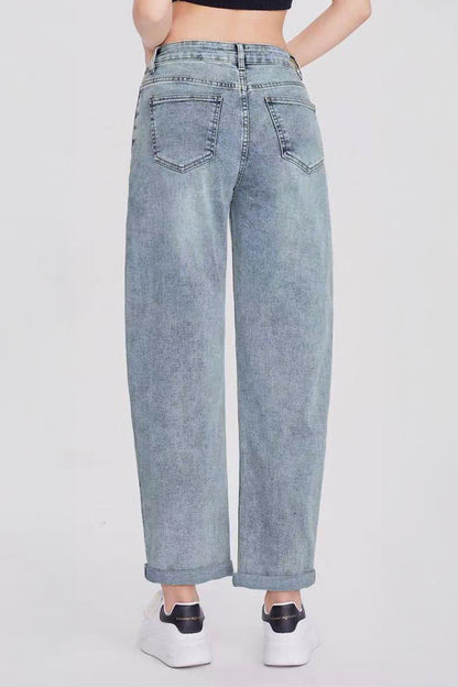 Mid-Rise Wide-Leg Jeans Roll Cuff Vintage Multi-Pocket Street Style