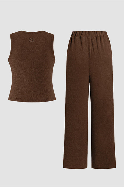 Solid Shelf-Bra Tank Top & Wide-Leg Trousers Summer Co-ord Set