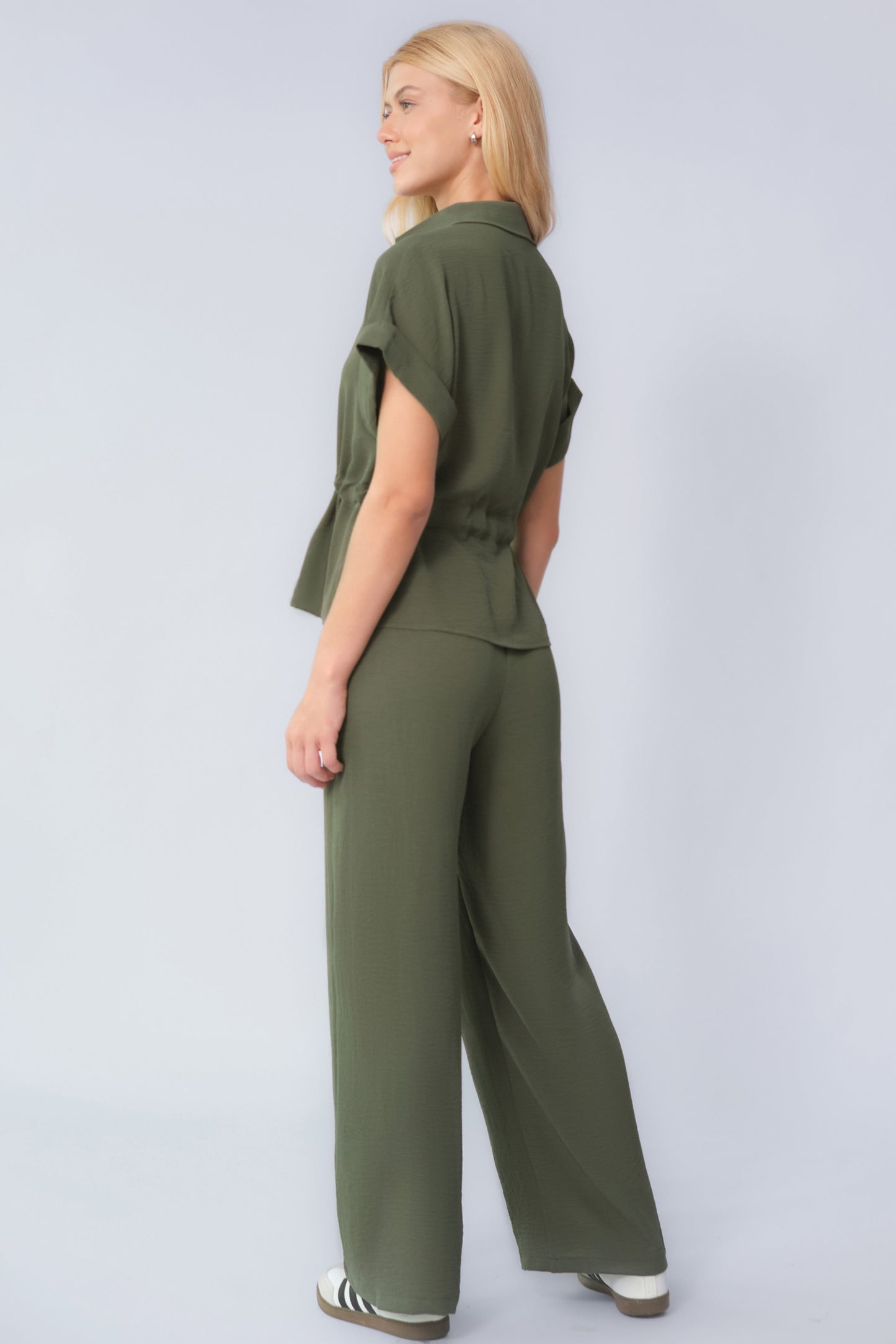 Versatile Collared Rolled-Up Short Sleeve Top & Wide Leg Trousers Co-ord