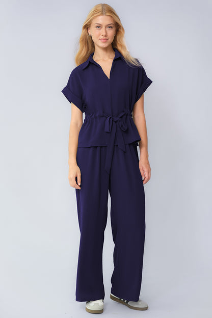 Versatile Collared Rolled-Up Short Sleeve Top & Wide Leg Trousers Co-ord