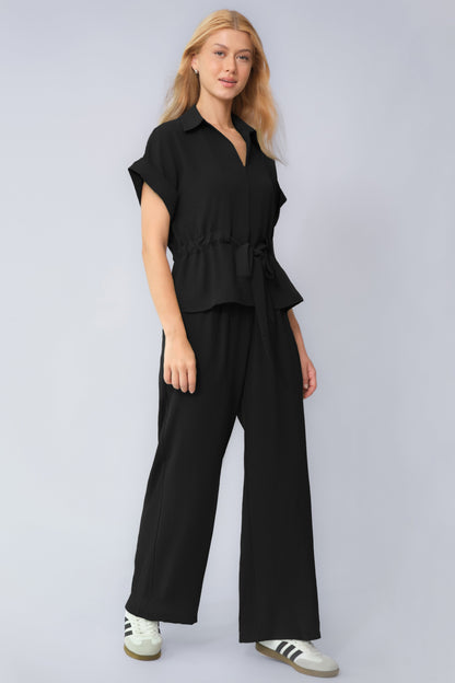 Versatile Collared Rolled-Up Short Sleeve Top & Wide Leg Trousers Co-ord