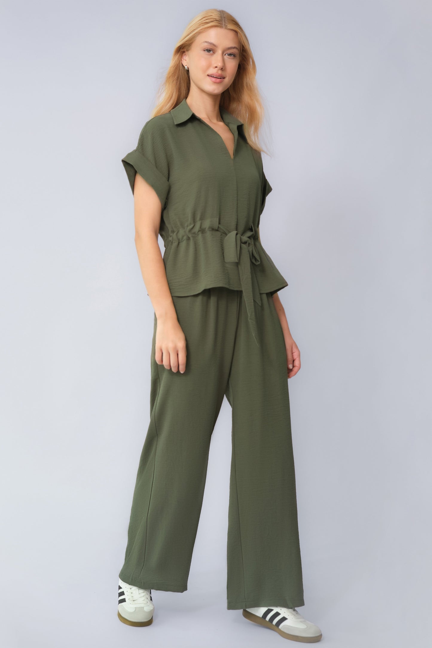 Versatile Collared Rolled-Up Short Sleeve Top & Wide Leg Trousers Co-ord