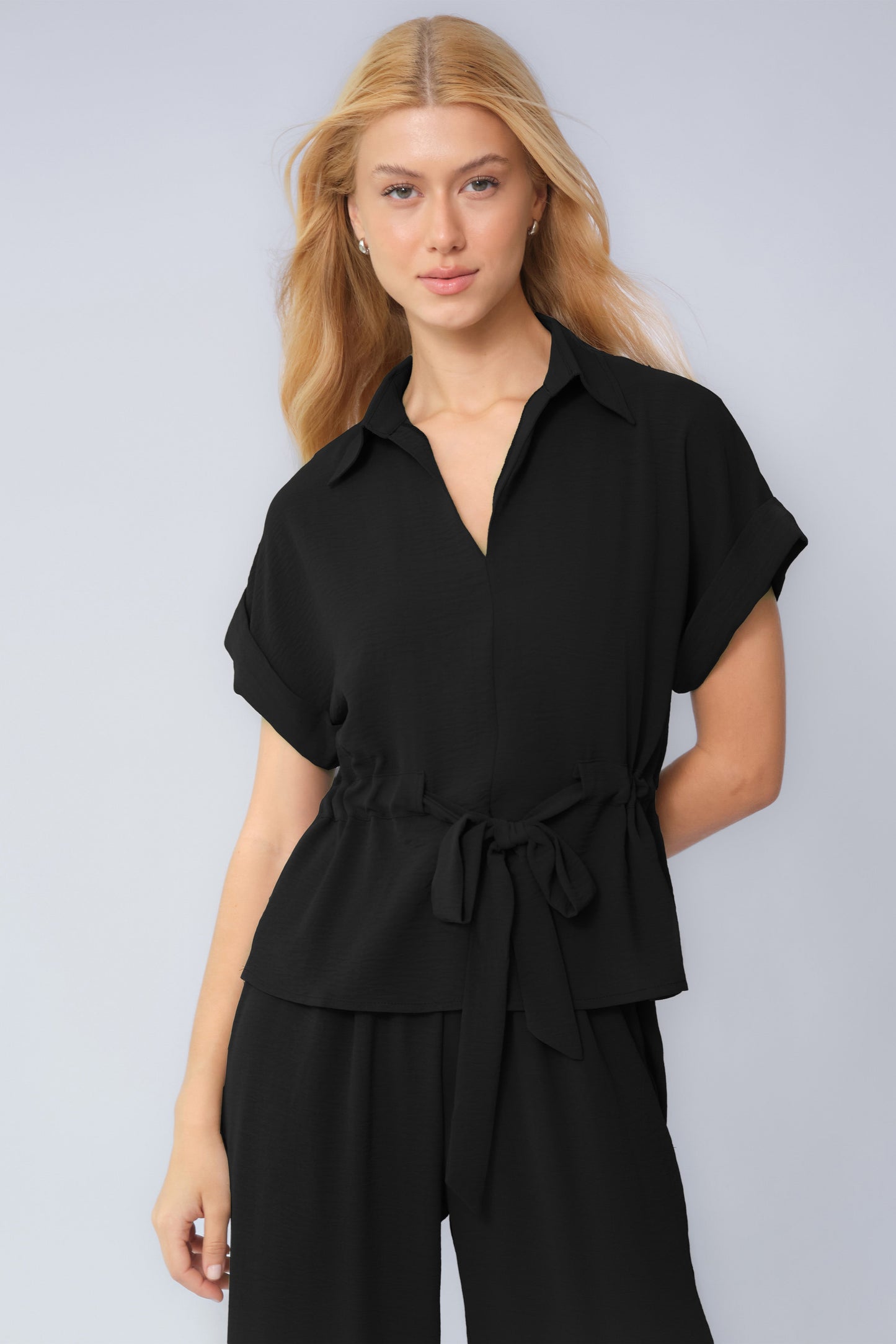 Versatile Collared Rolled-Up Short Sleeve Top & Wide Leg Trousers Co-ord