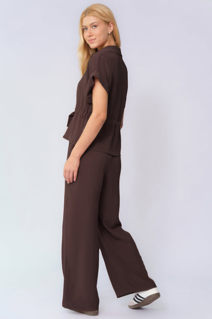 Versatile Collared Rolled-Up Short Sleeve Top & Wide Leg Trousers Co-ord
