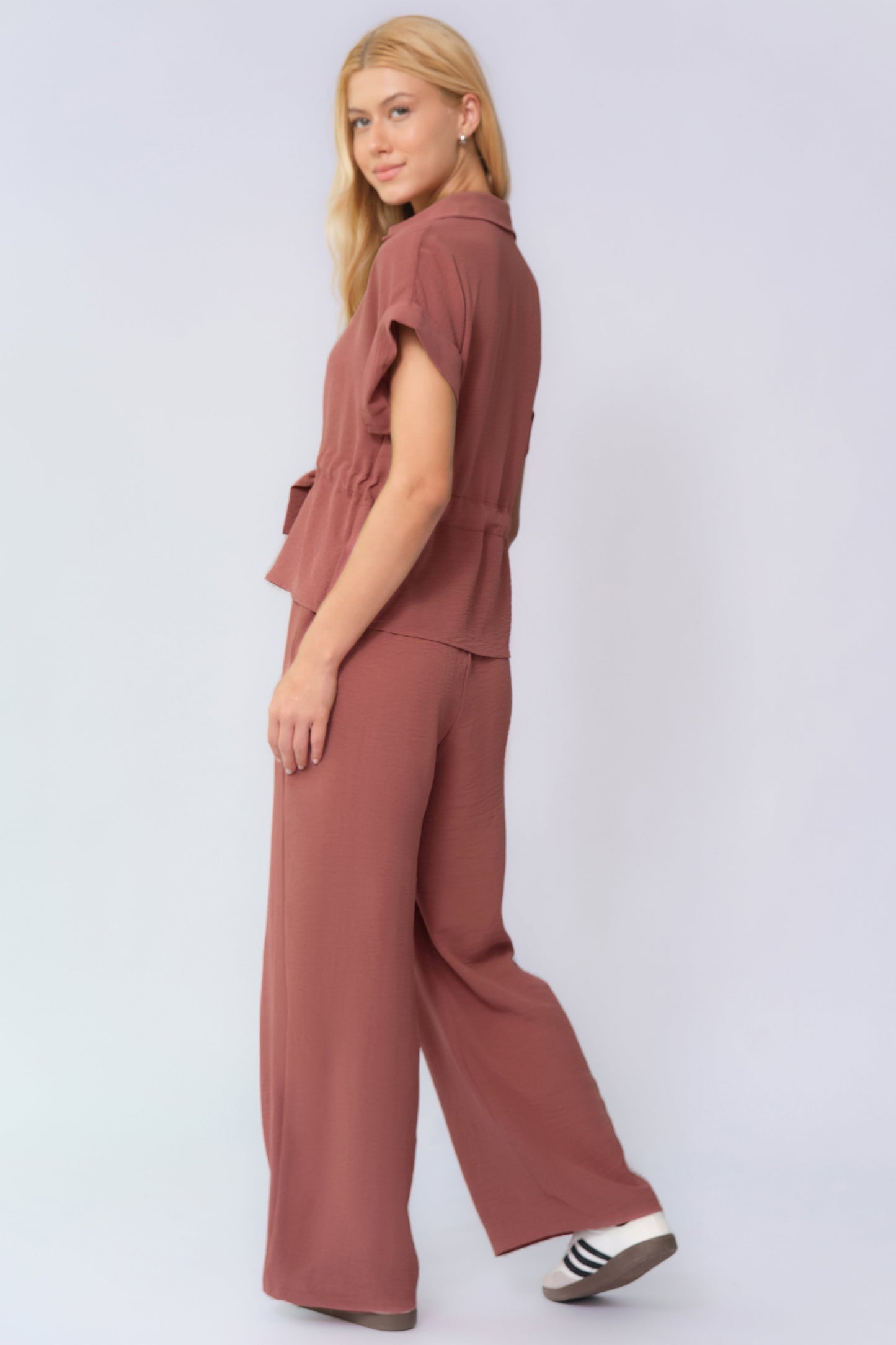 Versatile Collared Rolled-Up Short Sleeve Top & Wide Leg Trousers Co-ord