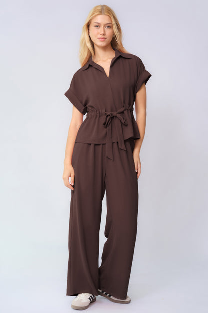 Versatile Collared Rolled-Up Short Sleeve Top & Wide Leg Trousers Co-ord