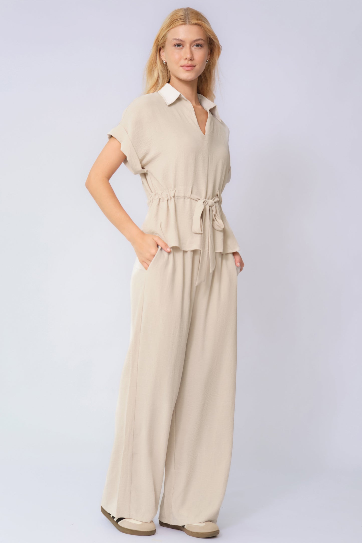 Versatile Collared Rolled-Up Short Sleeve Top & Wide Leg Trousers Co-ord
