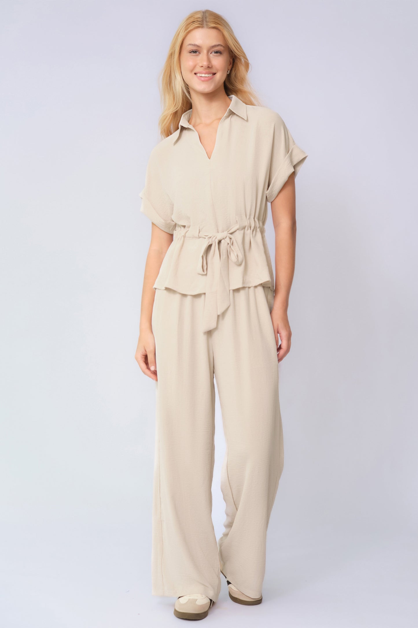 Versatile Collared Rolled-Up Short Sleeve Top & Wide Leg Trousers Co-ord