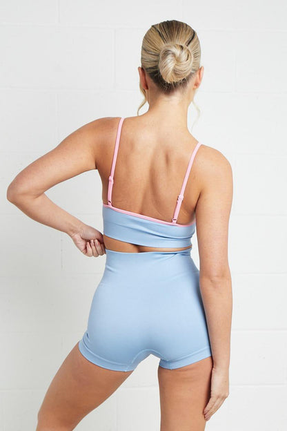 Contrasting Colors U Neck Straps Top & High Waist Shorts Yoga Co-ord