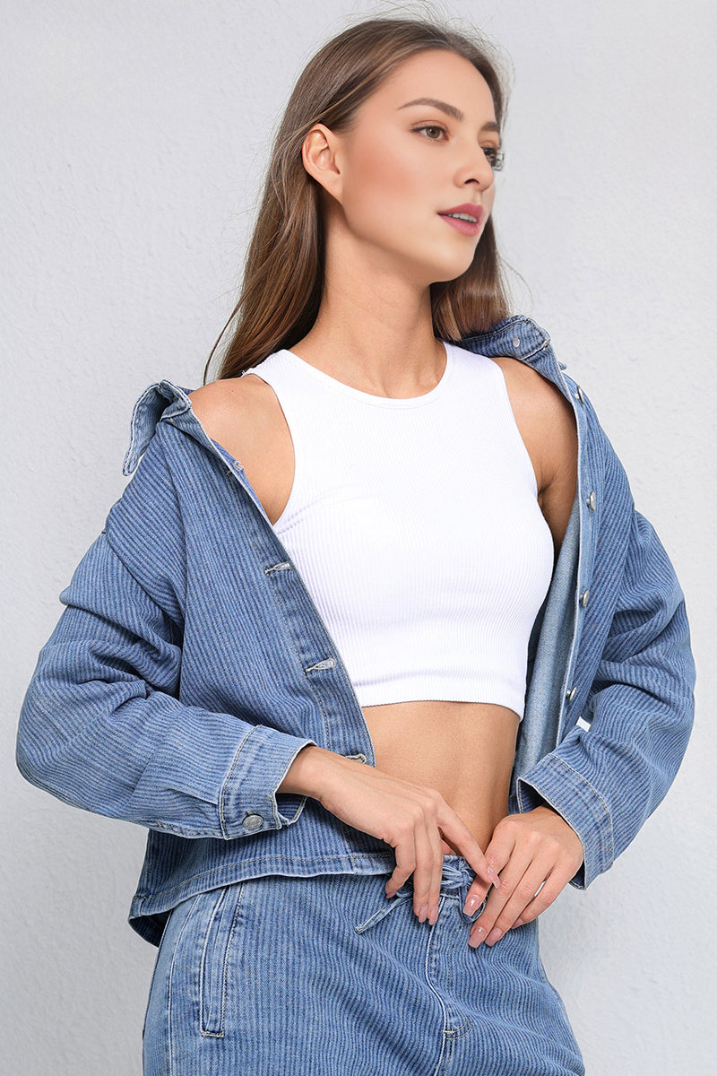Casual Solid Color Long Sleeve Button Denim Jacket & Drawstring Waist Wide Leg Trousers Co-ord