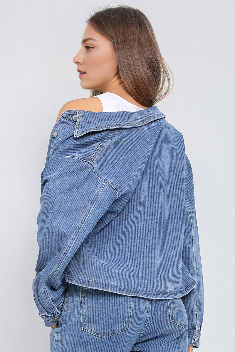 Casual Solid Color Long Sleeve Button Denim Jacket & Drawstring Waist Wide Leg Trousers Co-ord