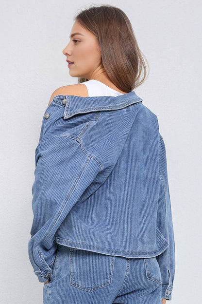 Casual Solid Color Long Sleeve Button Denim Jacket & Drawstring Waist Wide Leg Trousers Co-ord