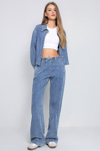 Casual Solid Color Long Sleeve Button Denim Jacket & Drawstring Waist Wide Leg Trousers Co-ord