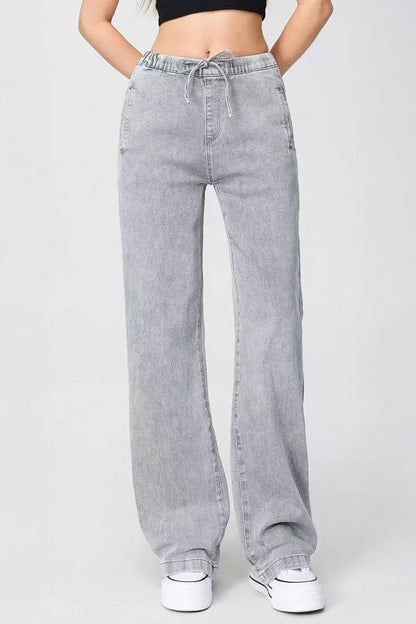 Casual Solid Color Long Sleeve Button Denim Jacket & Drawstring Waist Wide Leg Trousers Co-ord