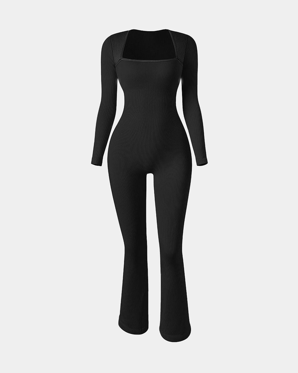 Ribbed Long Sleeve Bell Bottoms Flare Jumpsuits
