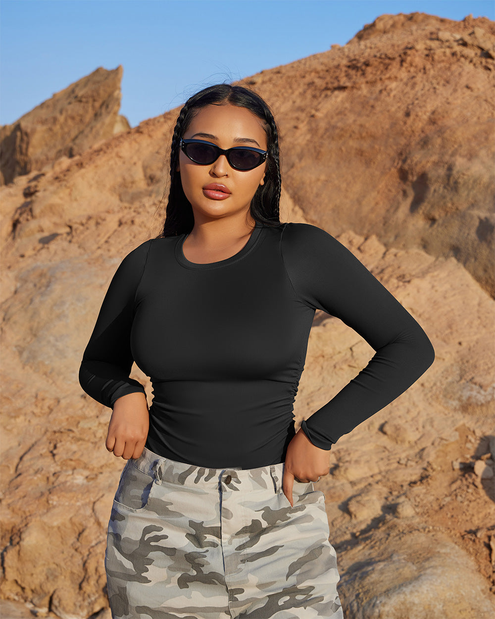 Crew Neck Long Sleeve Ruched Stretch Fitted Bodysuits