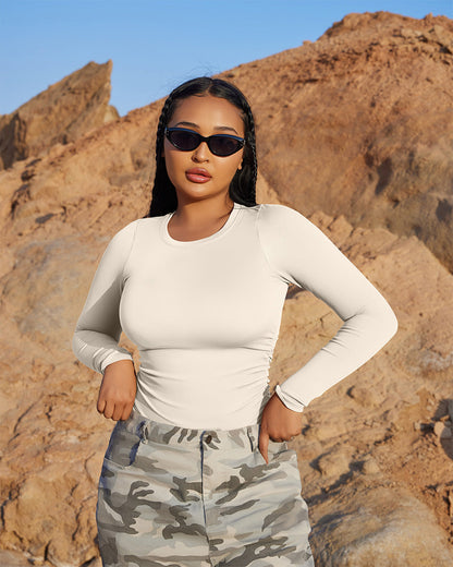 Crew Neck Long Sleeve Ruched Stretch Fitted Bodysuits