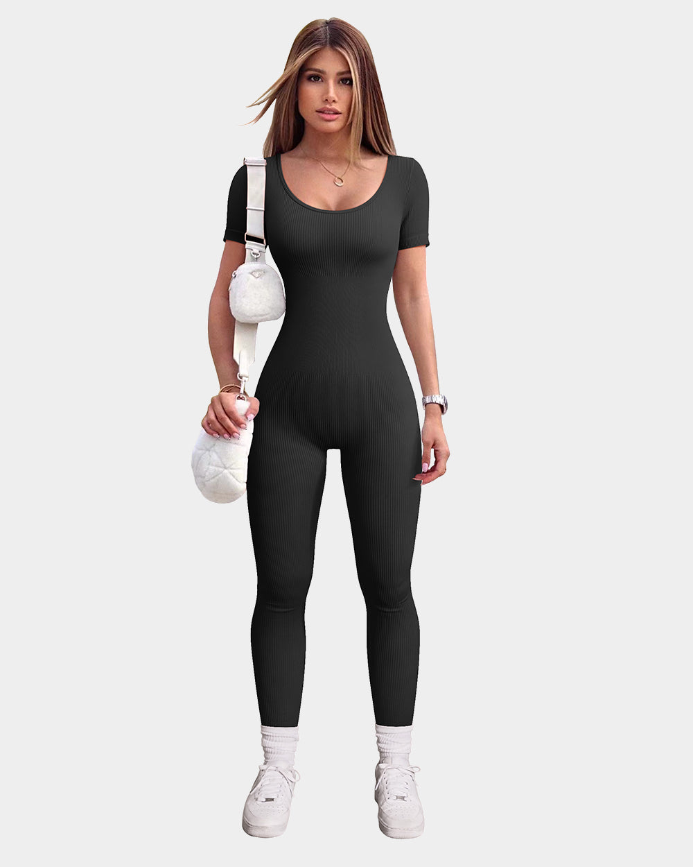 Ribbed Short Sleeve Tops  Jumpsuits