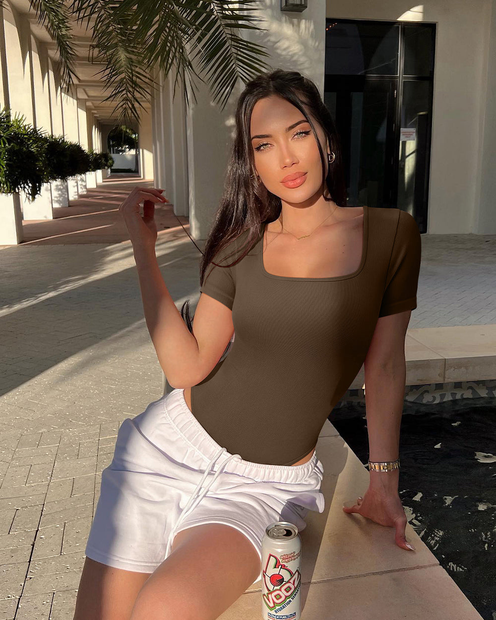 Ribbed Heart Neck Short Sleeve Bodysuits