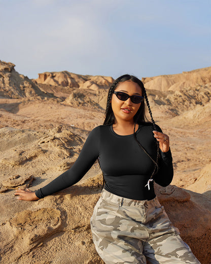 Crew Neck Long Sleeve Ruched Stretch Fitted Bodysuits