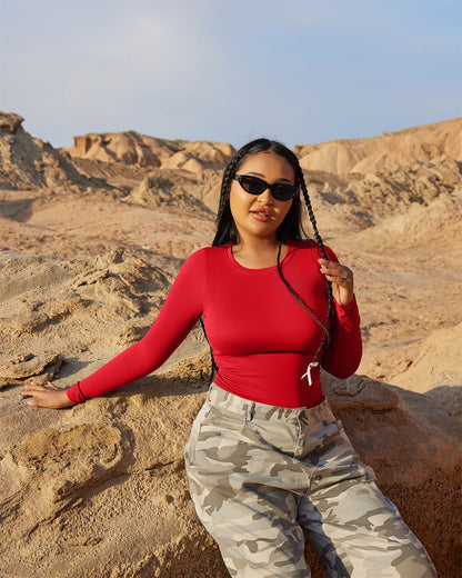 Crew Neck Long Sleeve Ruched Stretch Fitted Bodysuits