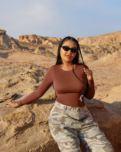 Crew Neck Long Sleeve Ruched Stretch Fitted Bodysuits