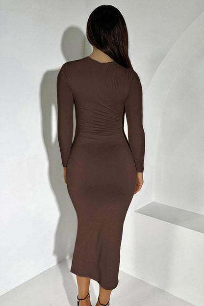 Elegant Solid Round Neck Long Sleeve Slinky Maxi Dress