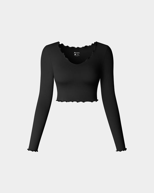 Long Sleeve V Neck Crop Tops Ruffled