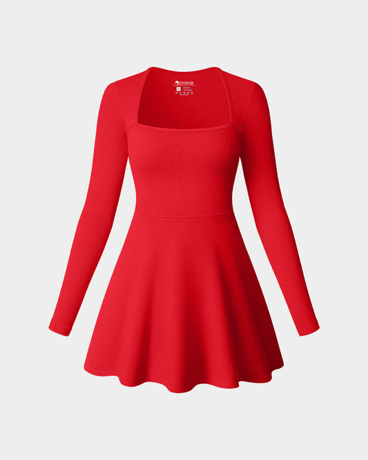 Long Sleeve Square Neck Casual A-Line Mini Dress