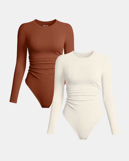 Crew Neck Long Sleeve Ruched Stretch Fitted Bodysuits