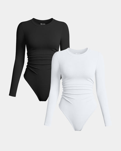 Crew Neck Long Sleeve Ruched Stretch Fitted Bodysuits