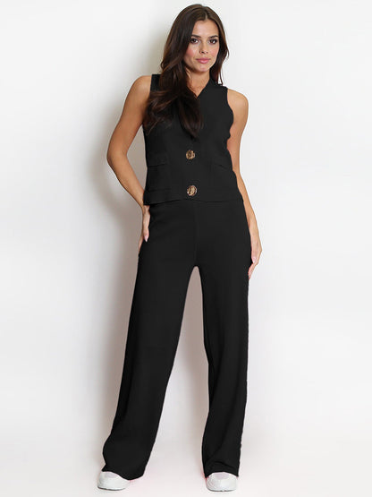 Minimalist Solid V-Neck Button Tank Top & Wide-Leg Trousers Co-ord