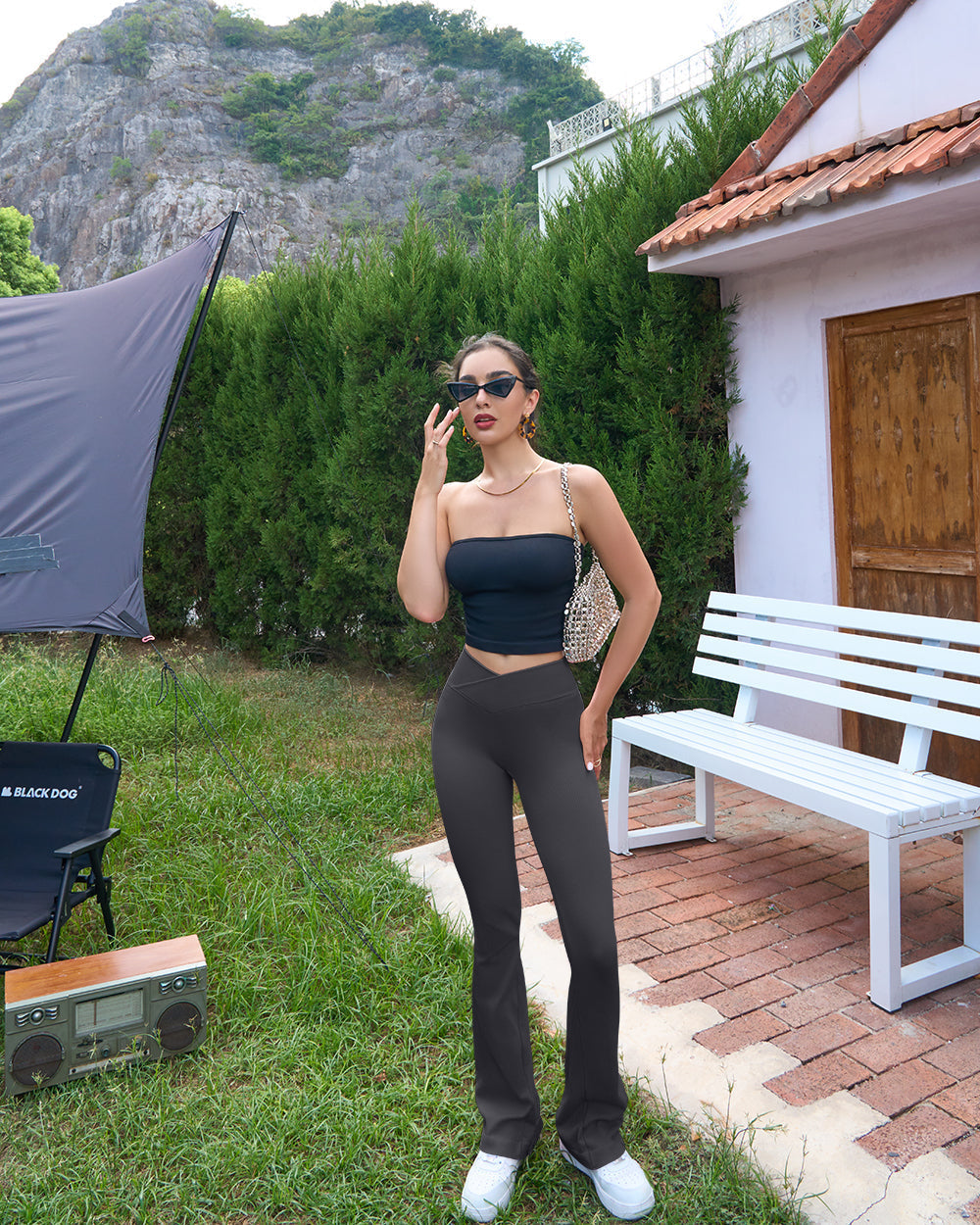 Ribbed Seamless  High Waist Cross Over Bell Bottoms  Leggings