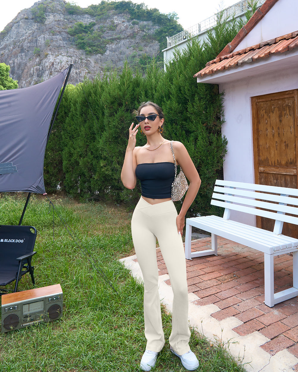 Ribbed Seamless  High Waist Cross Over Bell Bottoms  Leggings