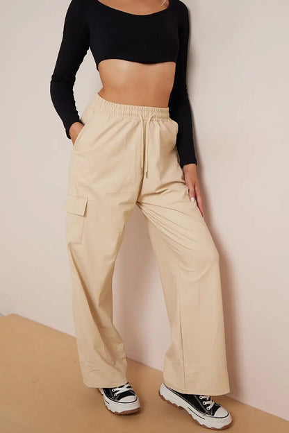 Minimalist Drawstring Waist Wide Leg PU Cargo Pants