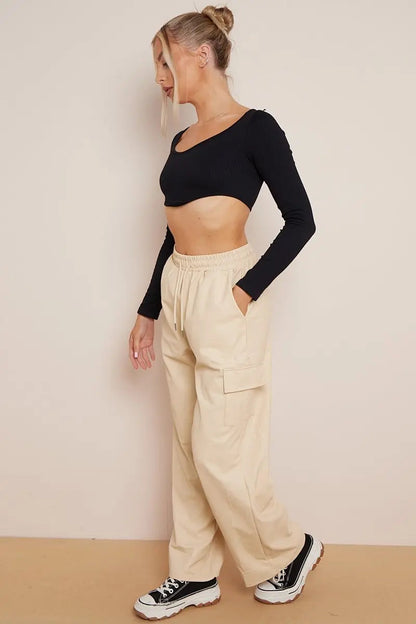 Minimalist Drawstring Waist Wide Leg PU Cargo Pants