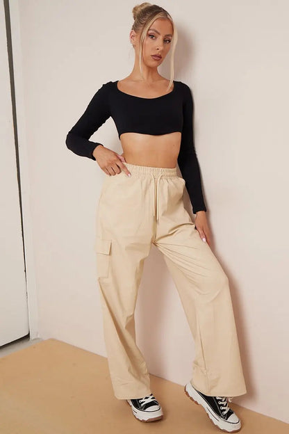 Minimalist Drawstring Waist Wide Leg PU Cargo Pants