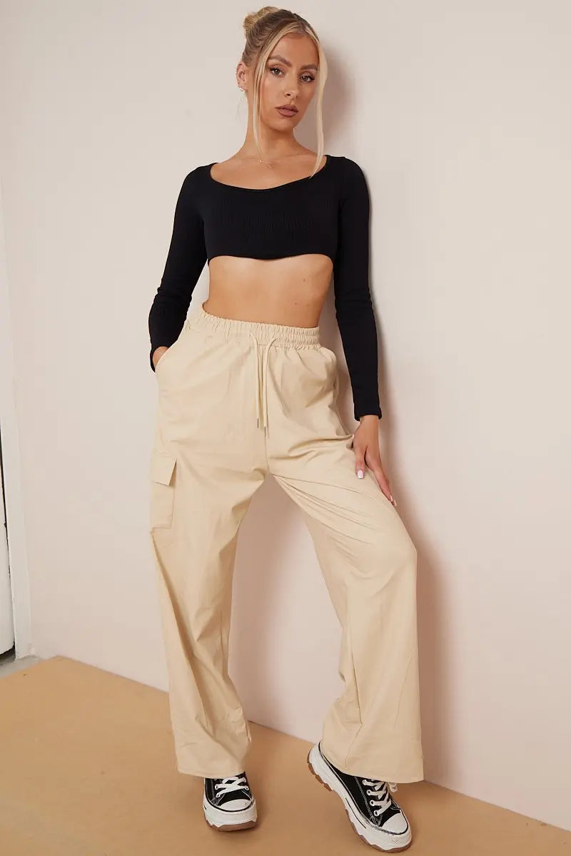 Minimalist Drawstring Waist Wide Leg PU Cargo Pants