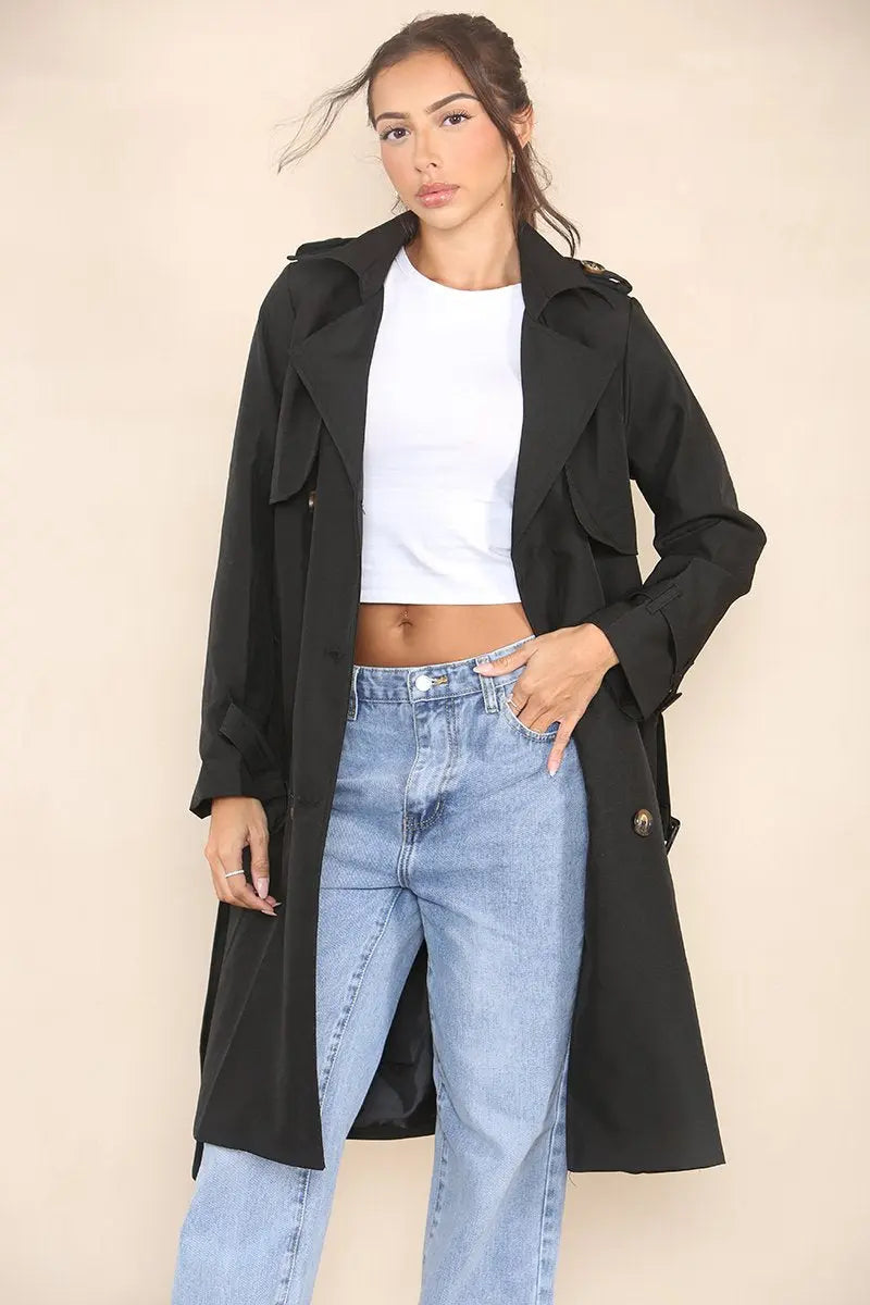 Classy Notch Lapel Double Breasted Belt Decor Trench Coat