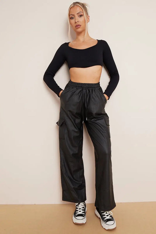 Minimalist Drawstring Waist Wide Leg PU Cargo Pants