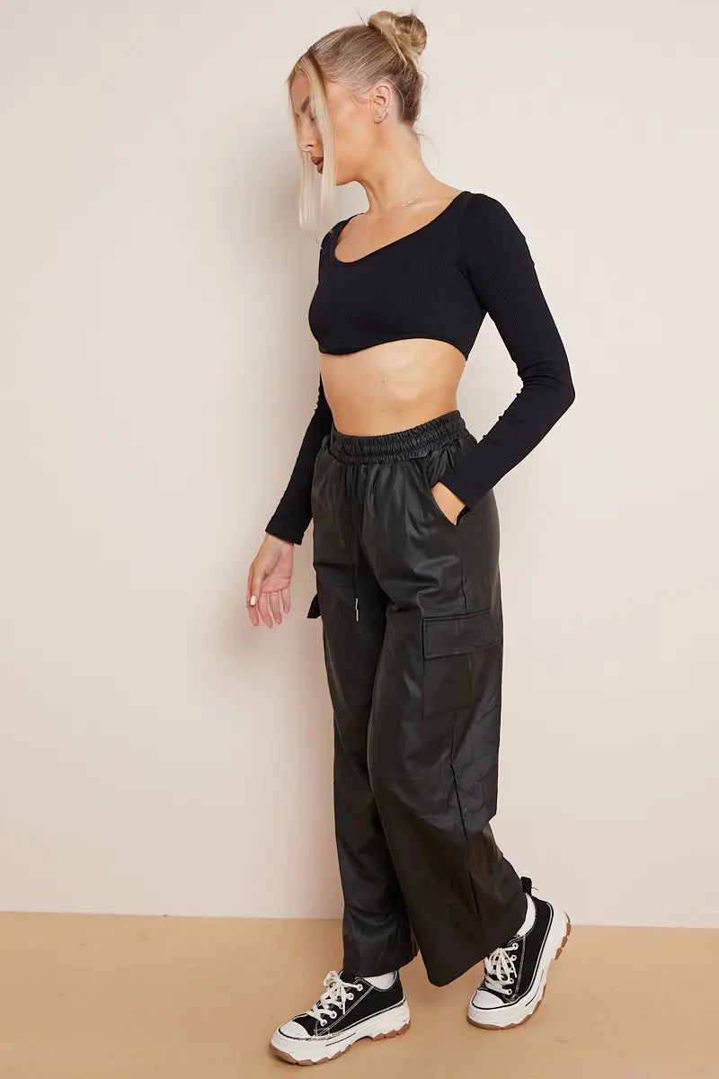 Minimalist Drawstring Waist Wide Leg PU Cargo Pants