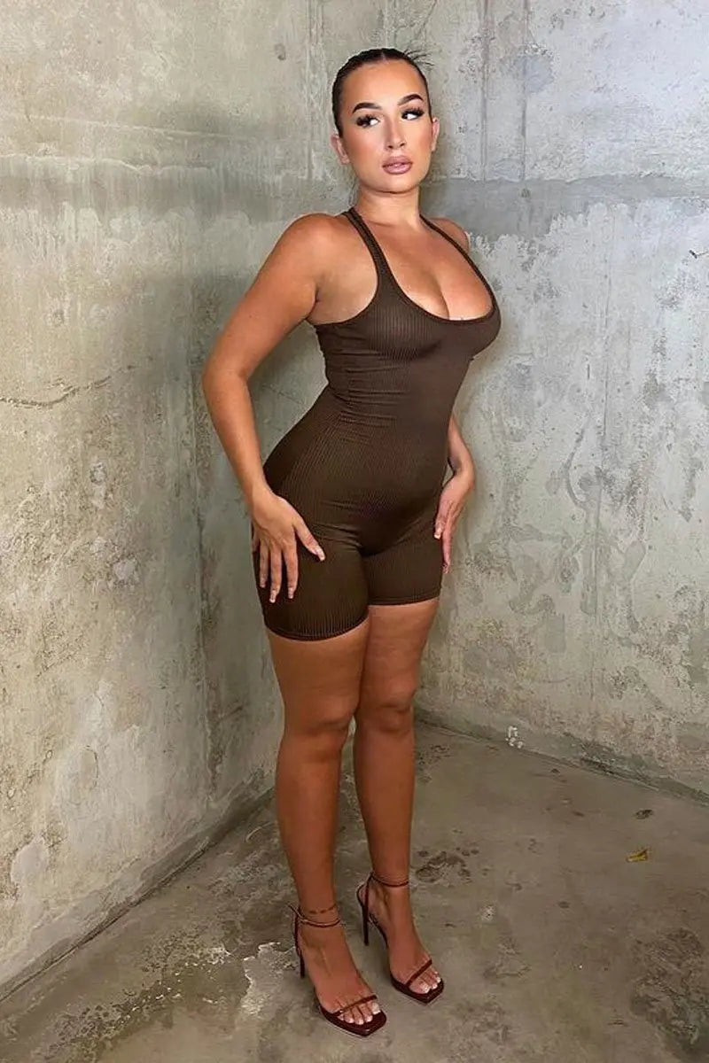 Minimalist Solid Color Ribbed U Neck Seamless Shaping Playsuit